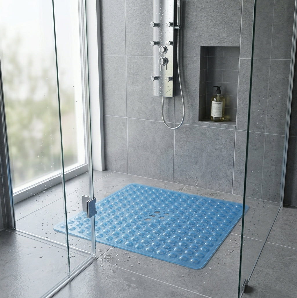 Tapis de douche carré antidérapant Carréa - installé dans une cabine de douche vitrée, coloris Transparent