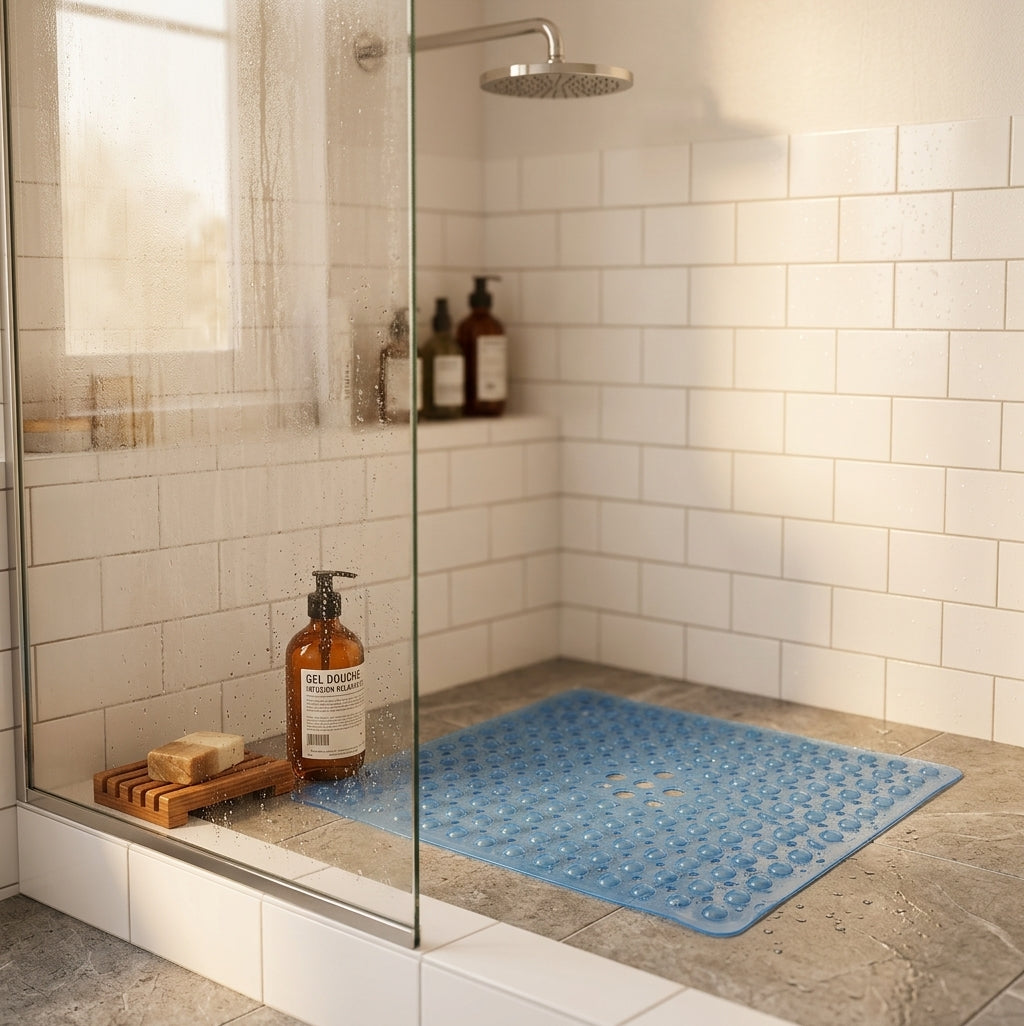 Tapis de douche carré antidérapant Carréa - ambiance douche avec porte-savon, coloris Transparent