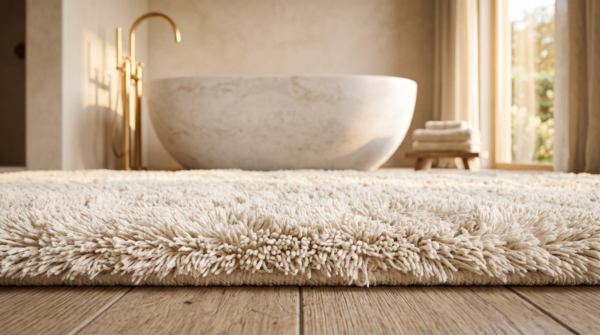Tapis de bain moelleux crème dans une salle de bain spa lumineuse